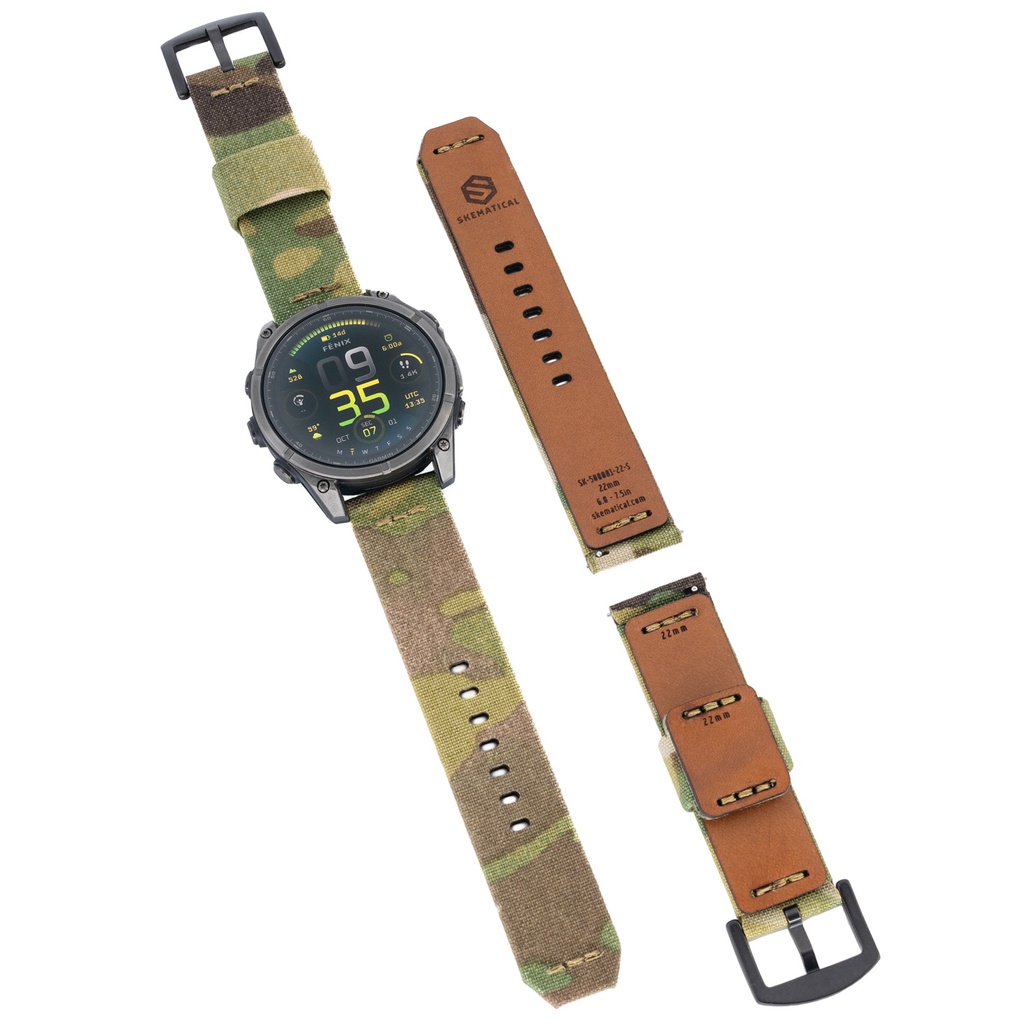 [500601-M-18-S-PVD] Stratum Cordura & Leather Watchband - Multicam (18mm, Standard - 6.0" - 7.5" wrist, Tang - PVD Black)