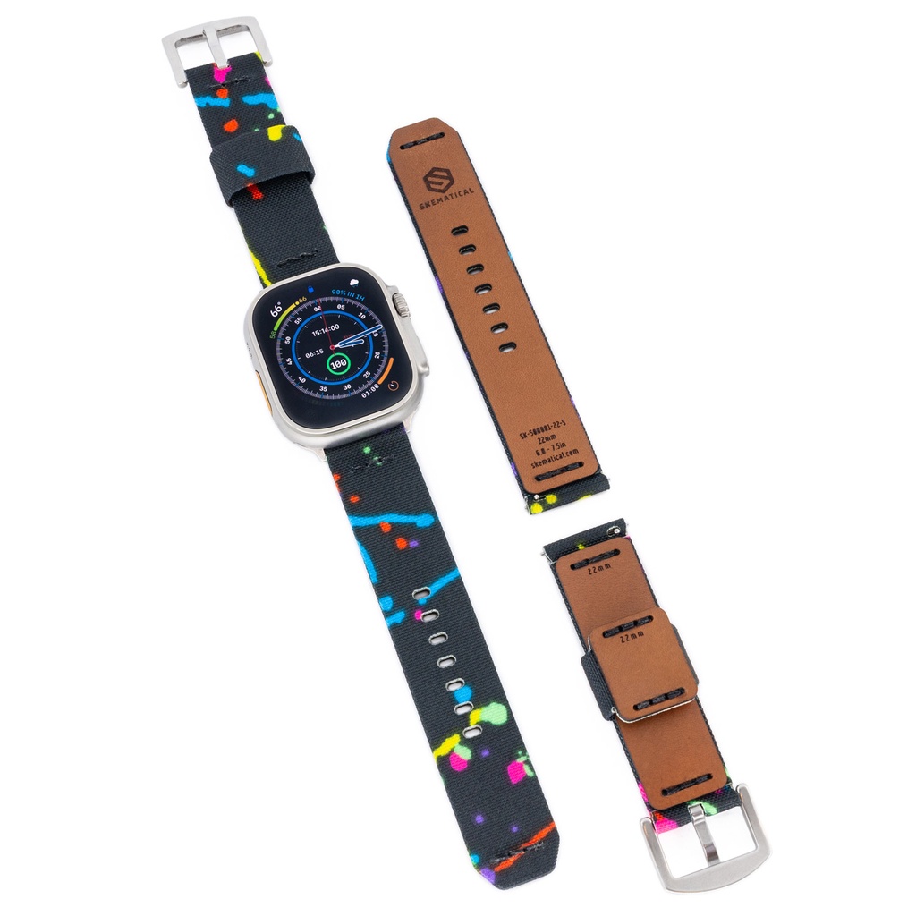 [500601-RS-18-S-PVD] Stratum Cordura & Leather Watchband - Retro Splatter (18mm, Standard - 6.0" - 7.5" wrist, Tang - PVD Black)