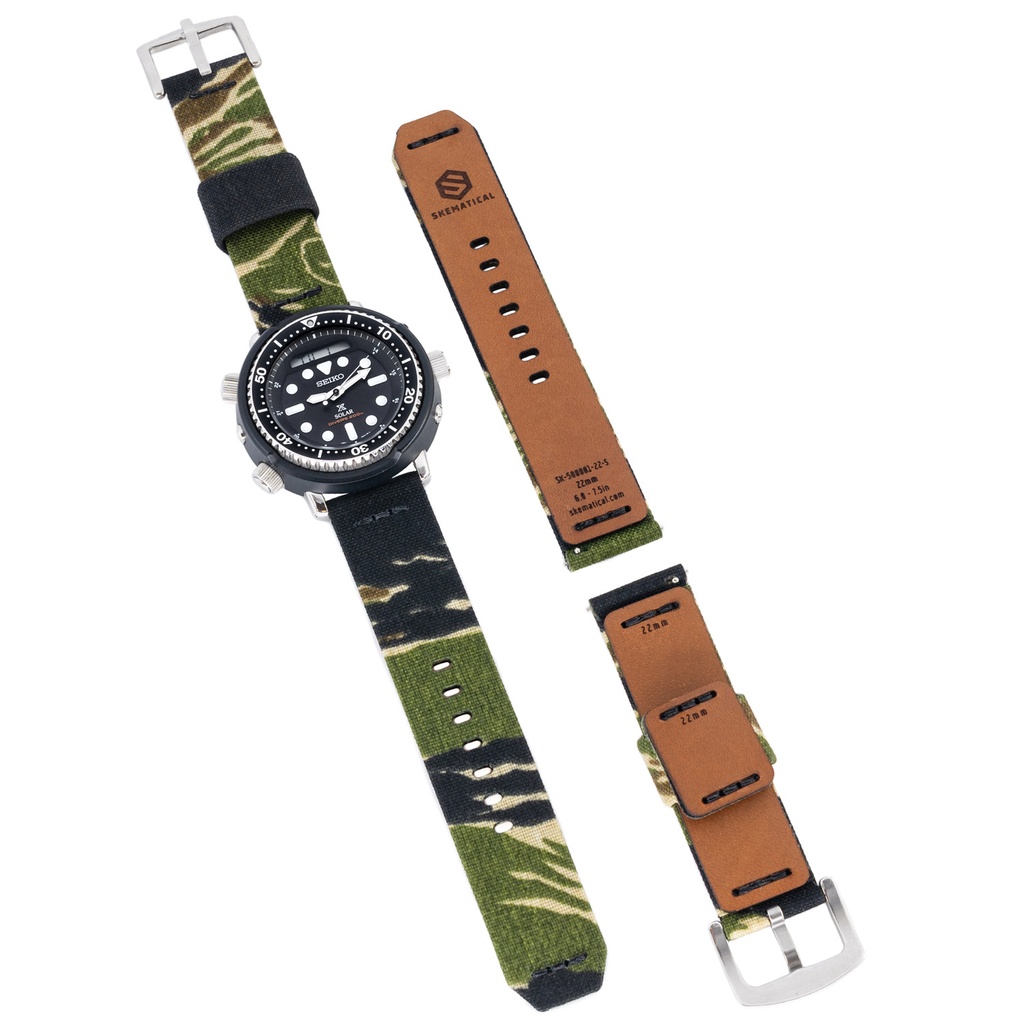 [500601-TS-18-S-PVD] Stratum Cordura & Leather Watchband - Tiger Stripe (18mm, Standard - 6.0" - 7.5" wrist, Tang - PVD Black)