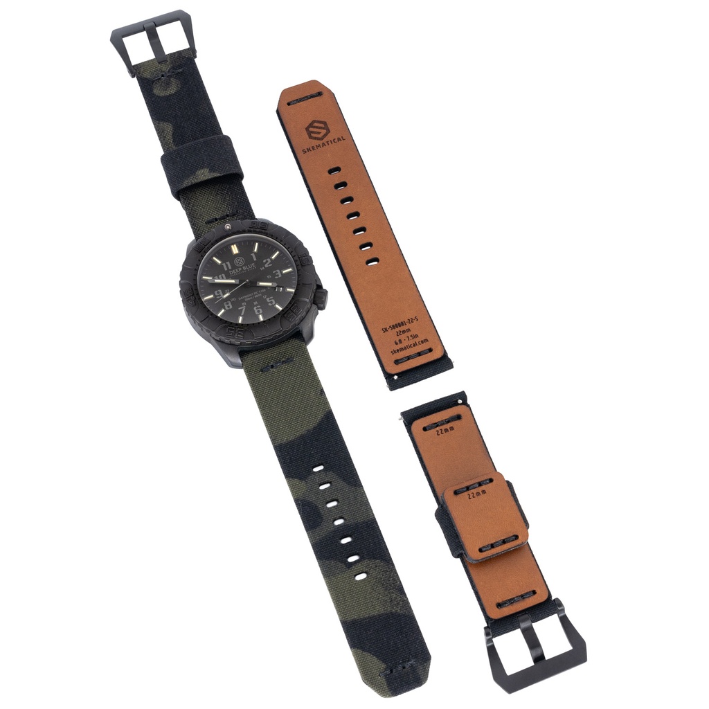 [500601-MB-18-S-PVD] Stratum Cordura & Leather Watchband - Multicam Black (18mm, Standard - 6.0" - 7.5" wrist, Tang - PVD Black)