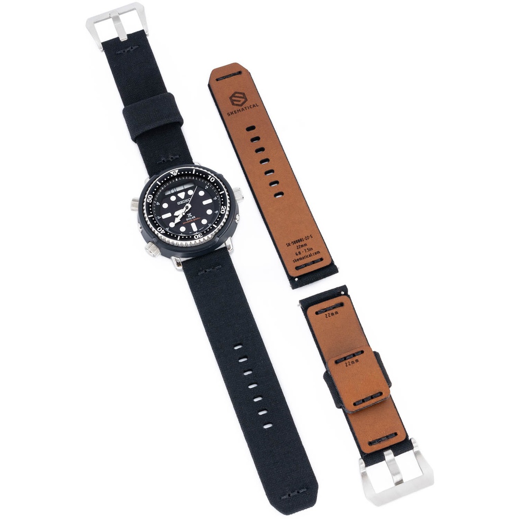 [500601-B-18-S-PVD] Stratum Cordura & Leather Watchband - Black (18mm, Standard - 6.0" - 7.5" wrist, Tang - PVD Black)