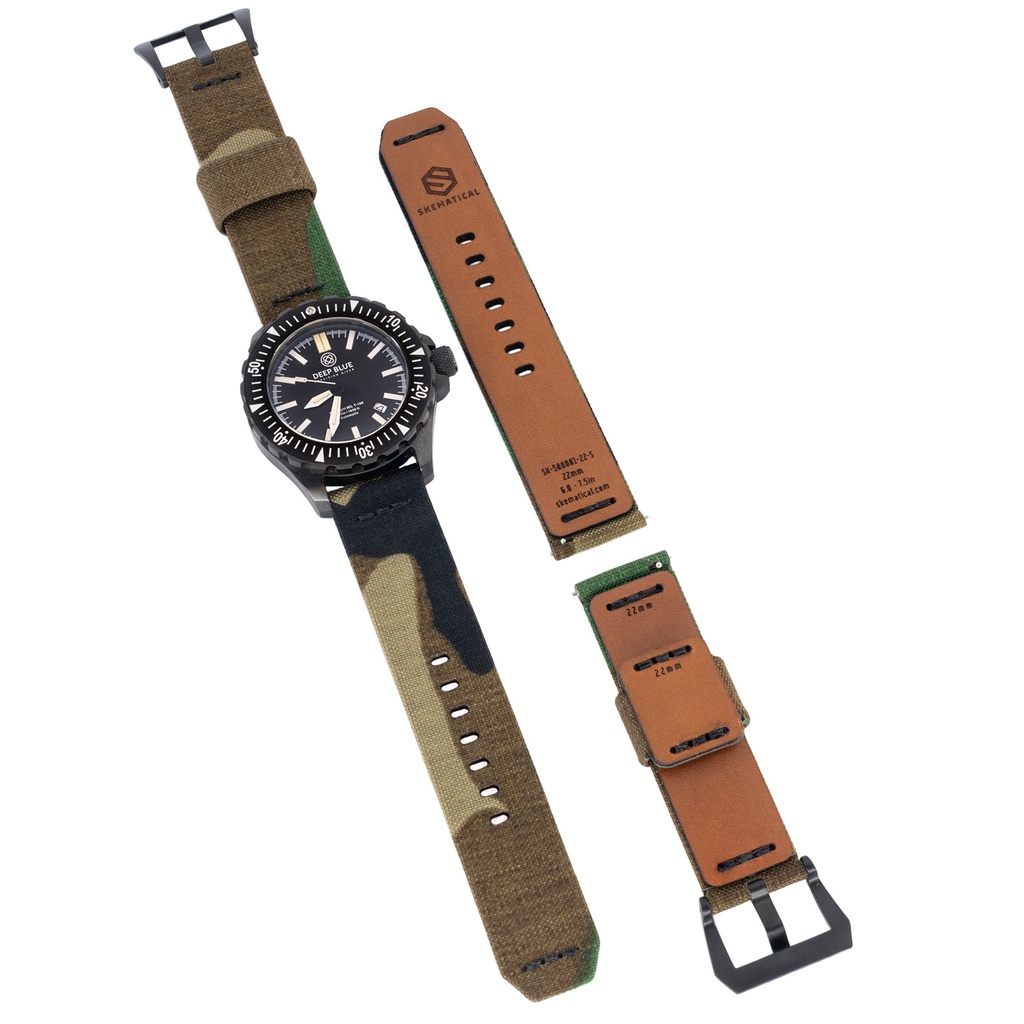 [500601-W-18-S-PVD] Stratum Cordura & Leather Watchband - Woodland (18mm, Standard - 6.0" - 7.5" wrist, Tang - PVD Black)