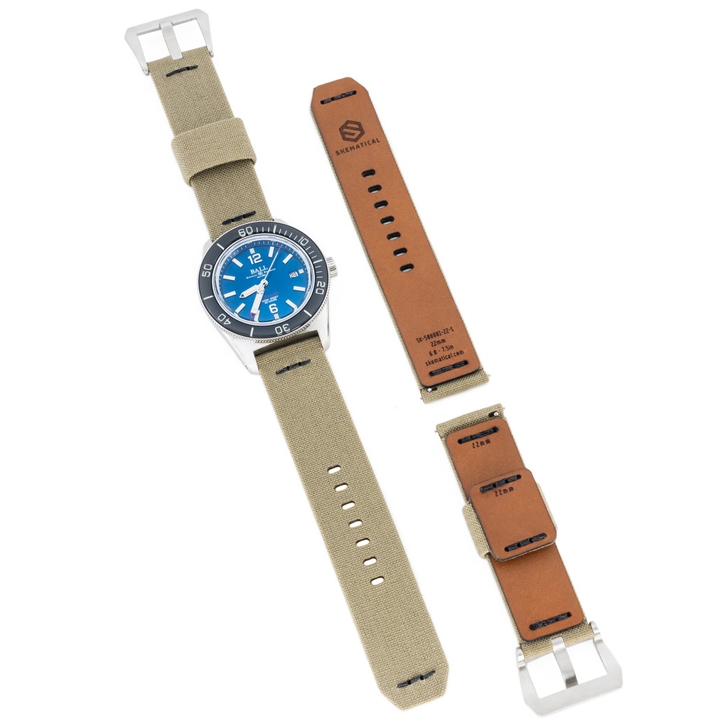 [500601-K-18-S-PVD] Stratum Cordura & Leather Watchband - Khaki (18mm, Standard - 6.0" - 7.5" wrist, Tang - PVD Black)