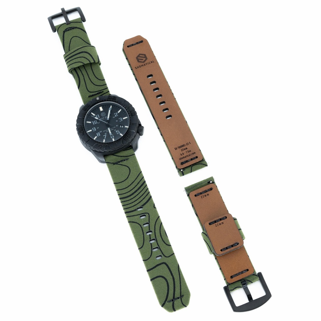 [500601-TGC-18-S-PVD] Stratum Cordura & Leather Watchband - Topo Green Camo (18mm, Standard - 6.0" - 7.5" wrist, Tang - PVD Black)
