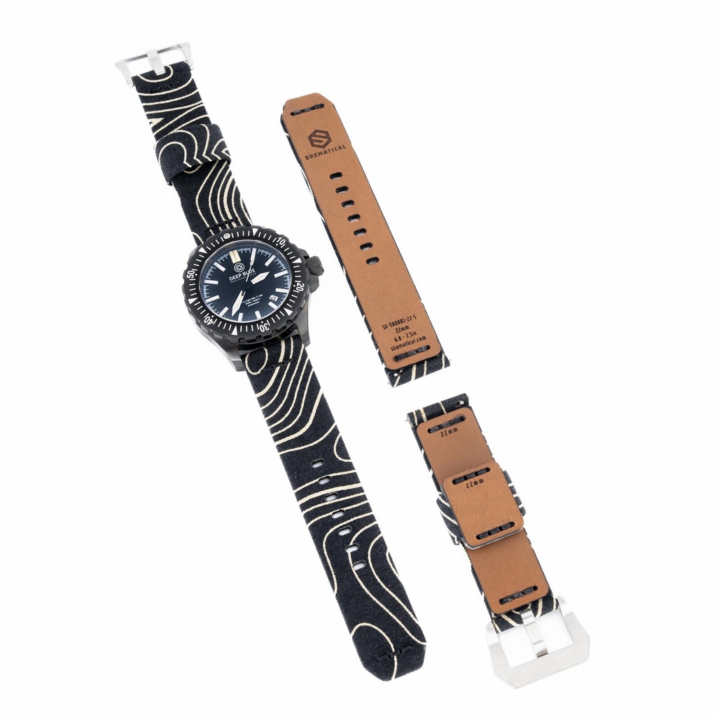 [500601-TBC-18-S-PVD] Stratum Cordura & Leather Watchband - Topo Black Camo (18mm, Standard - 6.0" - 7.5" wrist, Tang - PVD Black)